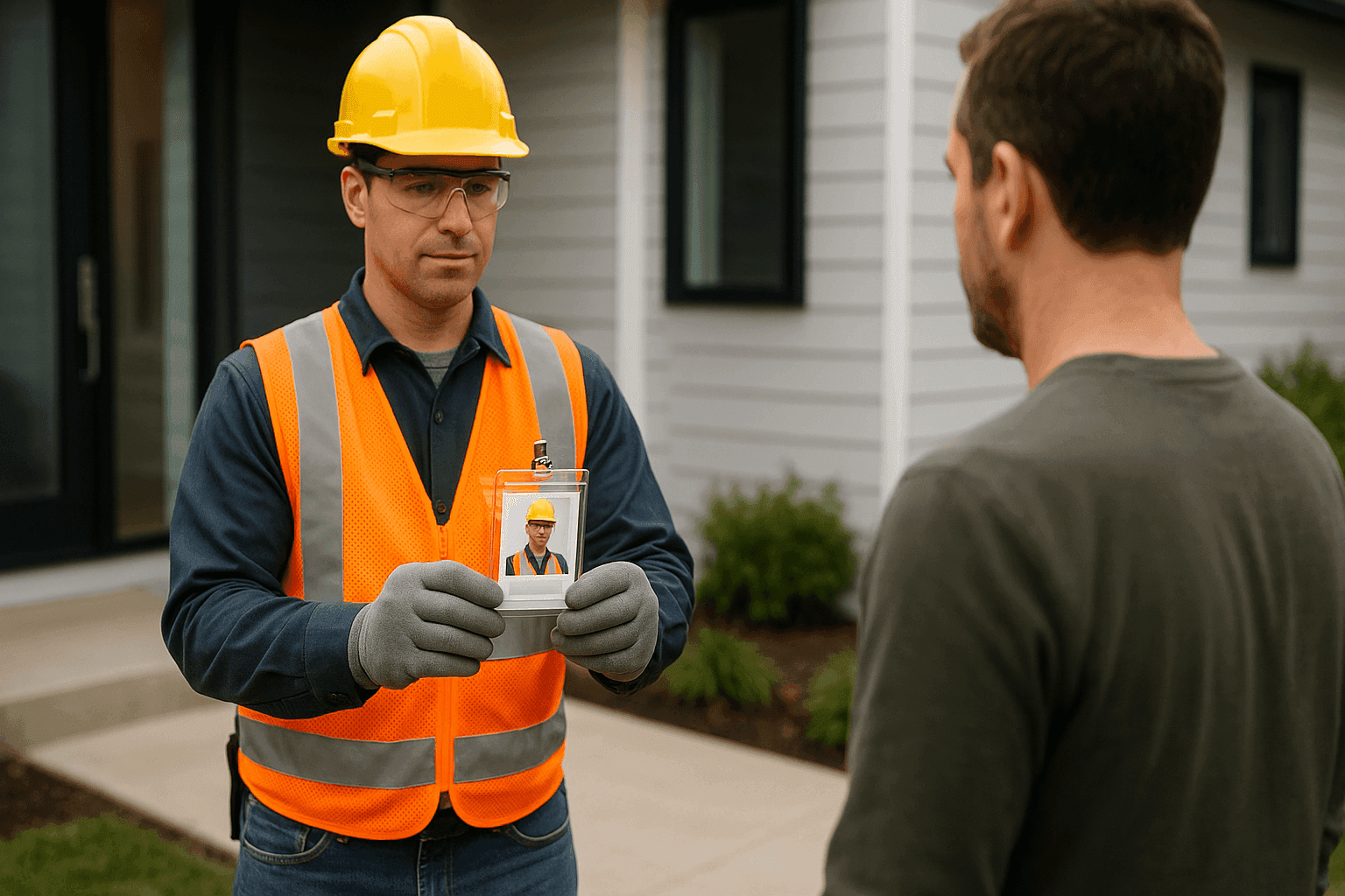 Electrician showing credentials to homeowner
