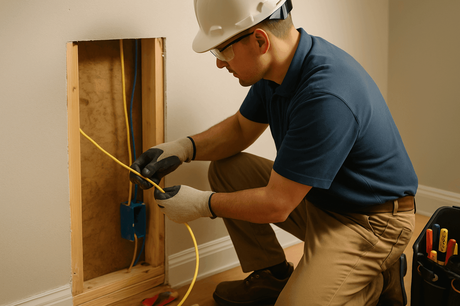 Electrician rewiring inside residential wall