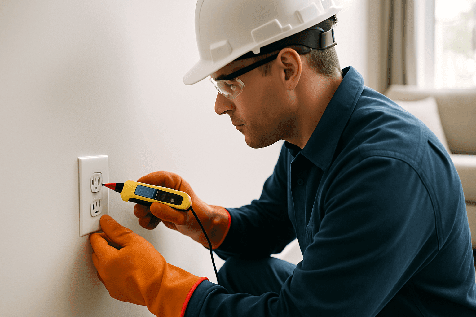 Electrician demonstrating safe use of home outlets