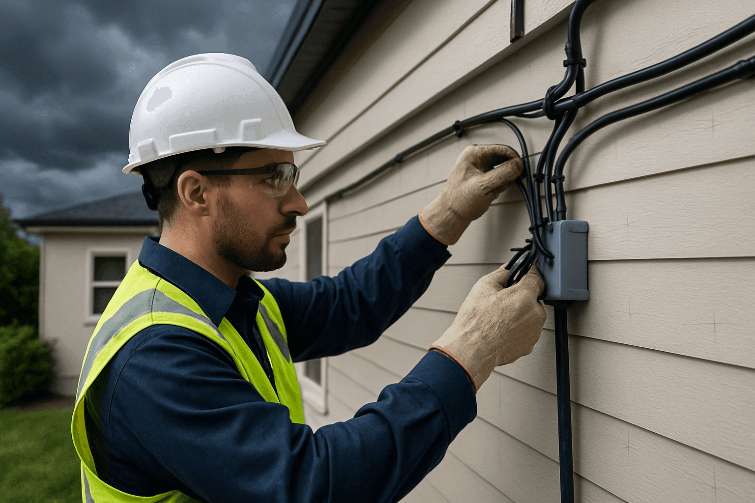 Electrician inspecting outdoor wiring before storm