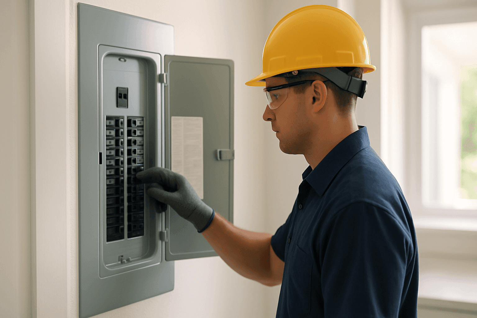 Electrician inspecting residential circuit breaker panel