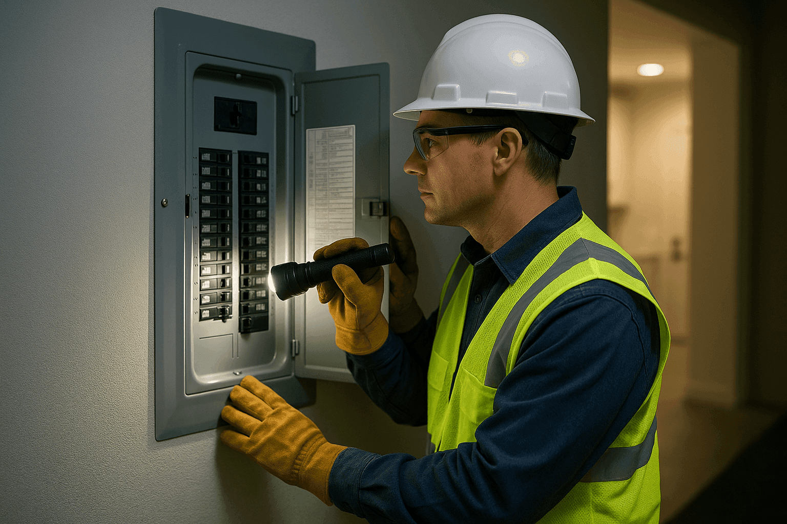 Emergency electrician responding to power outage at night